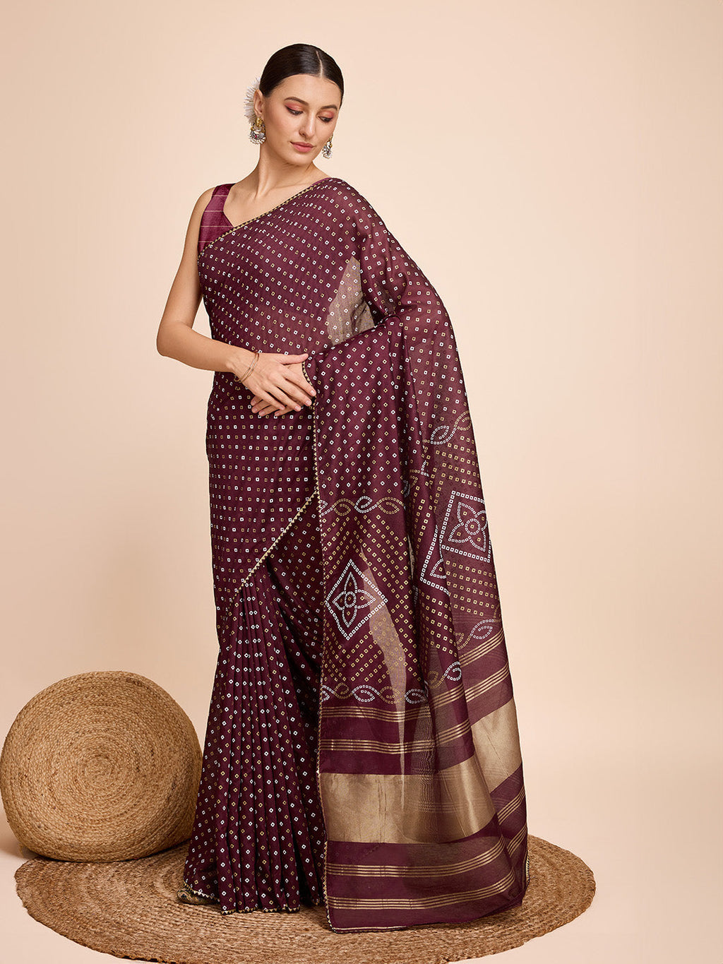 Vedant Vastram Semi Cotton Bandhani Printed Saree - Maroon | Grocsy