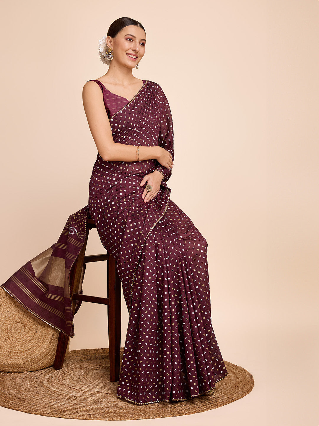 Vedant Vastram Semi Cotton Bandhani Printed Saree - Maroon | Grocsy