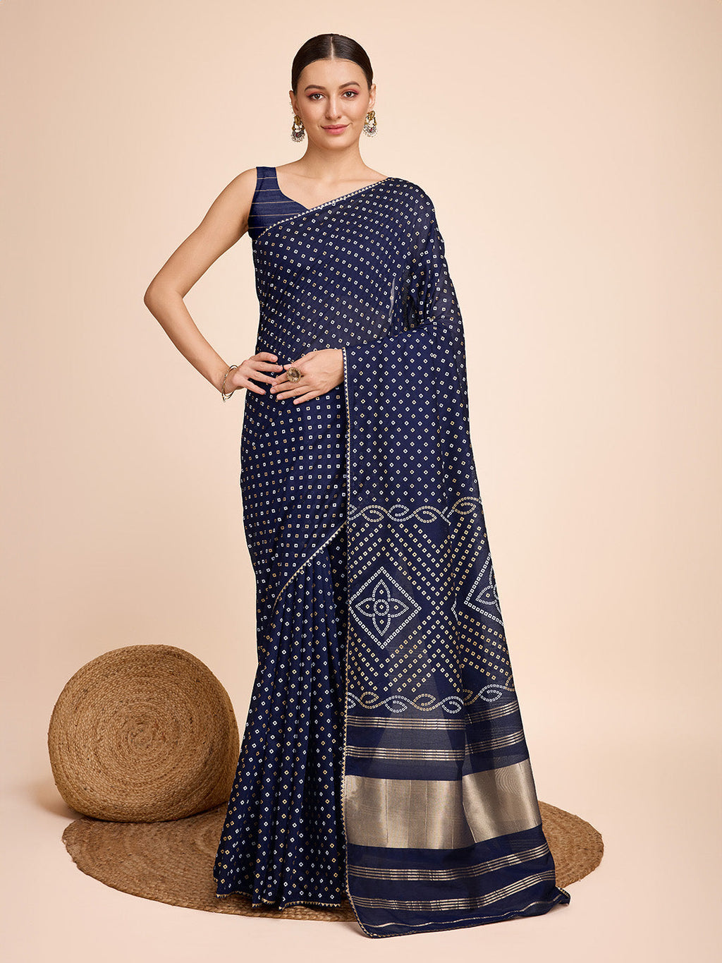 Vedant Vastram Semi Cotton Bandhani Printed Saree - Navy | Grocsy
