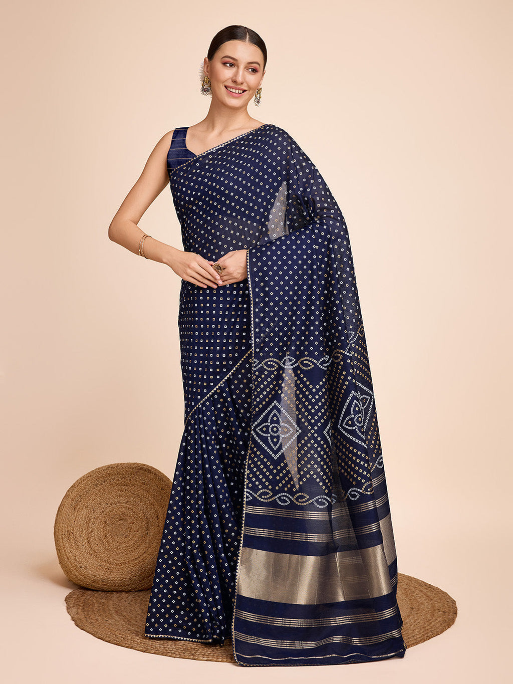 Vedant Vastram Semi Cotton Bandhani Printed Saree - Navy | Grocsy