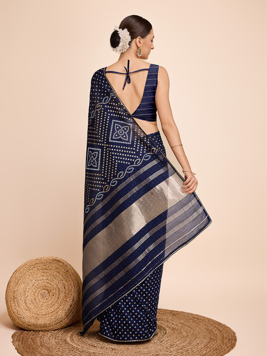 Vedant Vastram Semi Cotton Bandhani Printed Saree - Navy | Grocsy
