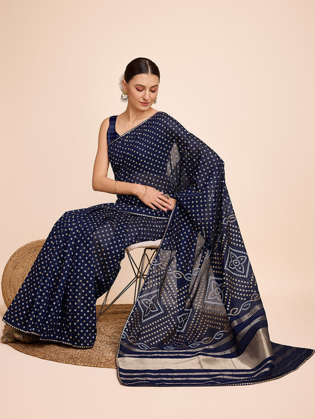 Vedant Vastram Semi Cotton Bandhani Printed Saree - Navy | Grocsy
