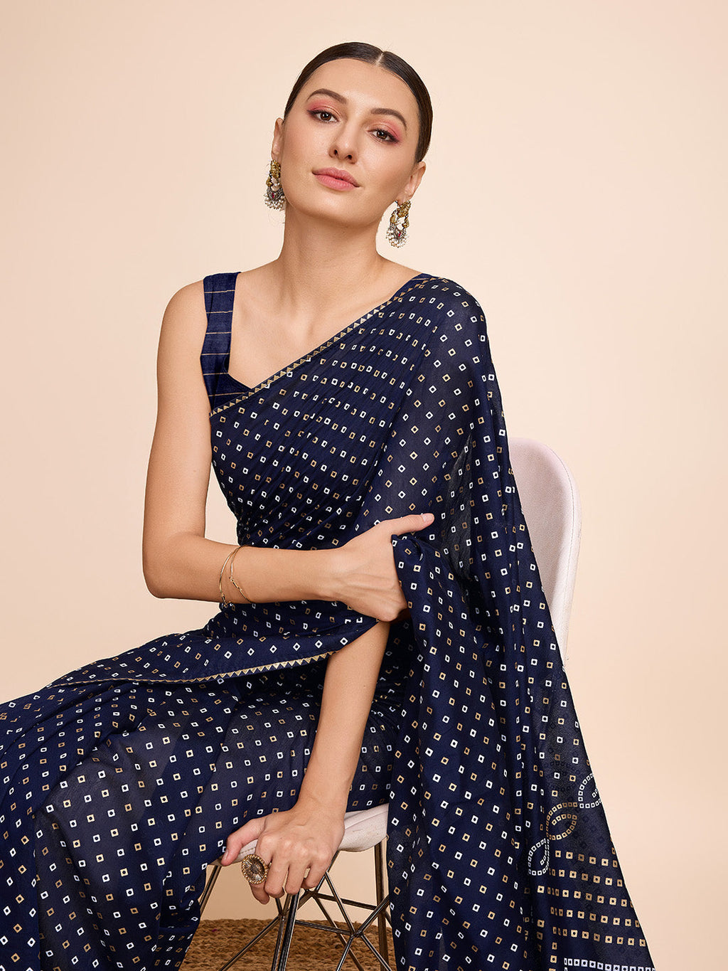 Vedant Vastram Semi Cotton Bandhani Printed Saree - Navy | Grocsy