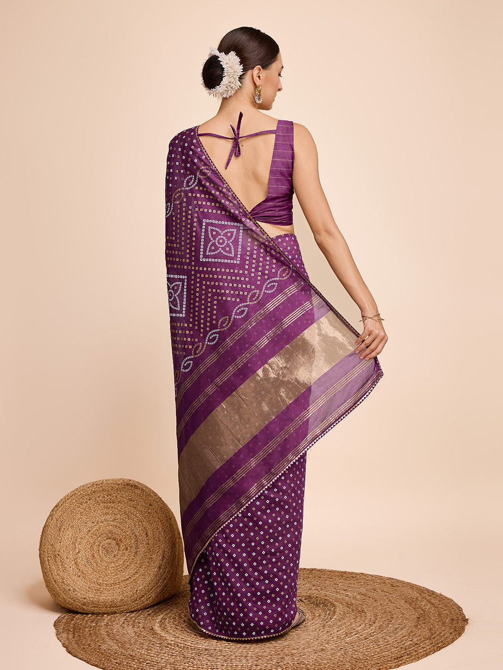 Vedant Vastram Semi Cotton Bandhani Printed Saree - Purple | Grocsy