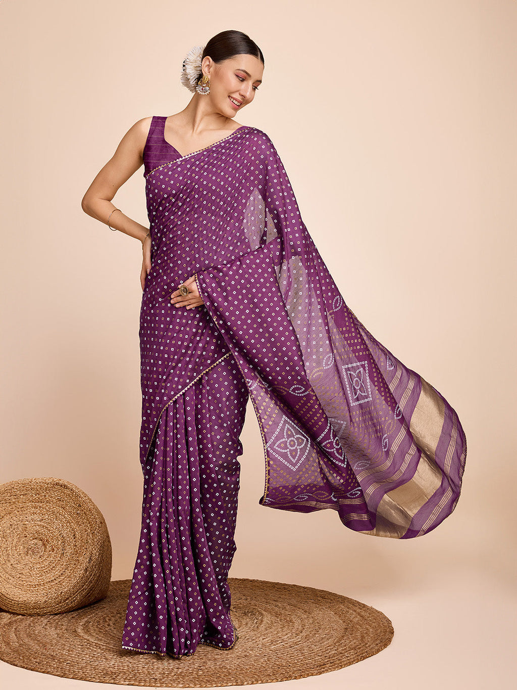 Vedant Vastram Semi Cotton Bandhani Printed Saree - Purple | Grocsy