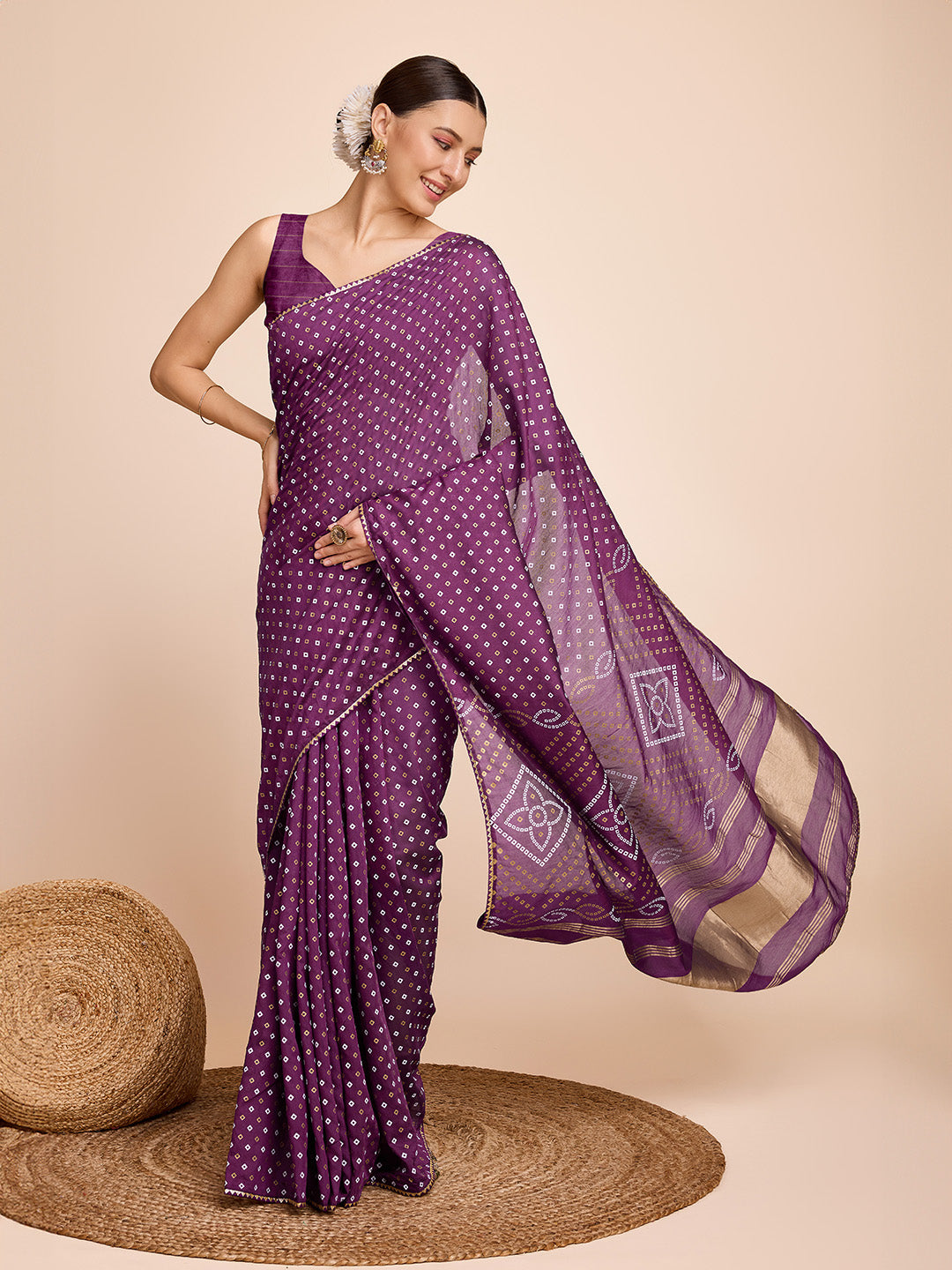 Vedant Vastram Semi Cotton Bandhani Printed Saree - Purple | Grocsy