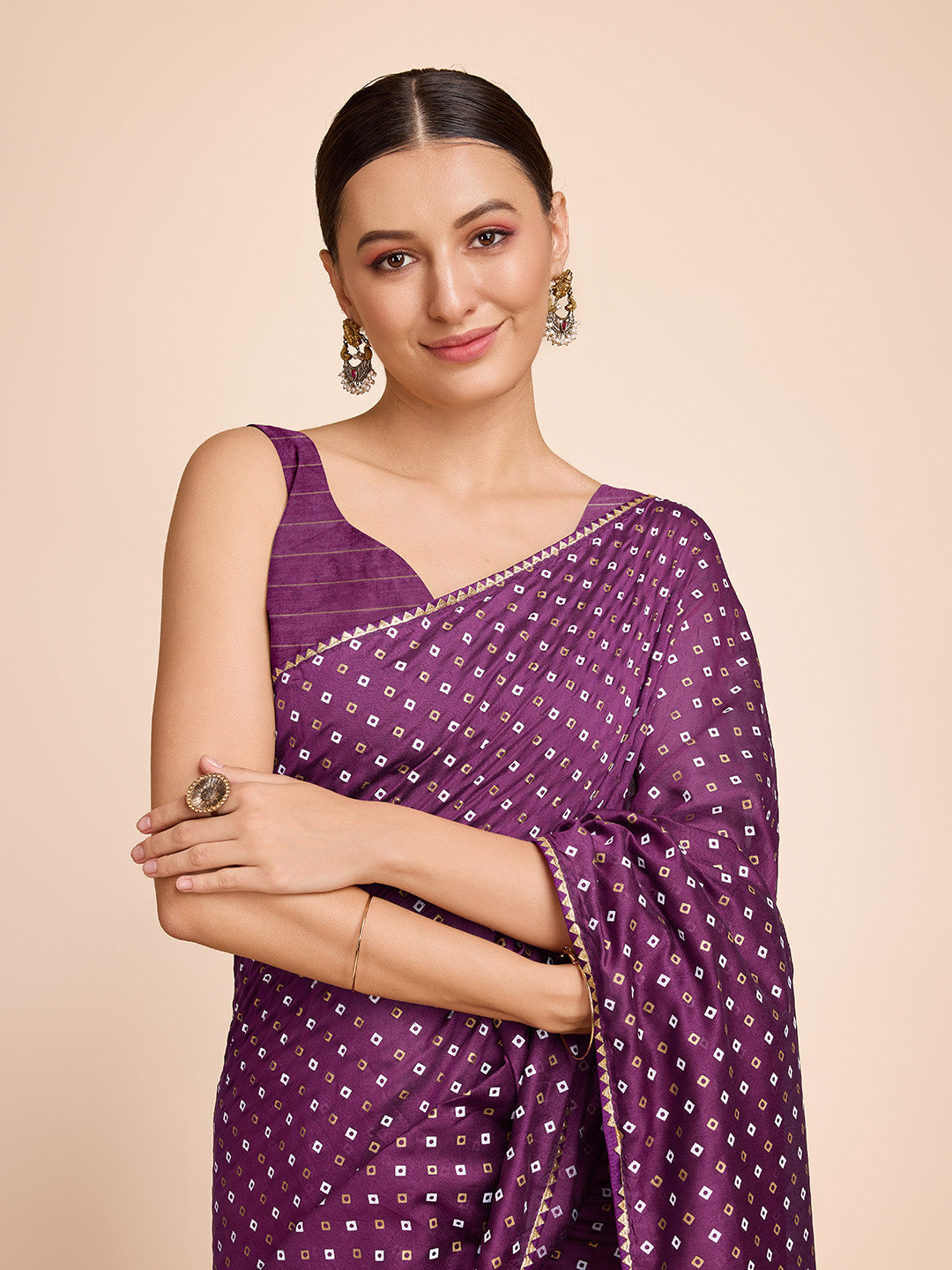 Vedant Vastram Semi Cotton Bandhani Printed Saree - Purple | Grocsy