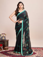 Vedant Vastram Georgette Embroidered Work Fancy Saree - Firozi | Grocsy