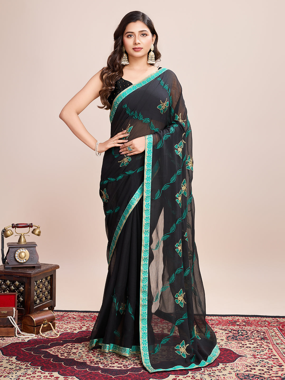 Vedant Vastram Georgette Embroidered Work Fancy Saree - Firozi | Grocsy