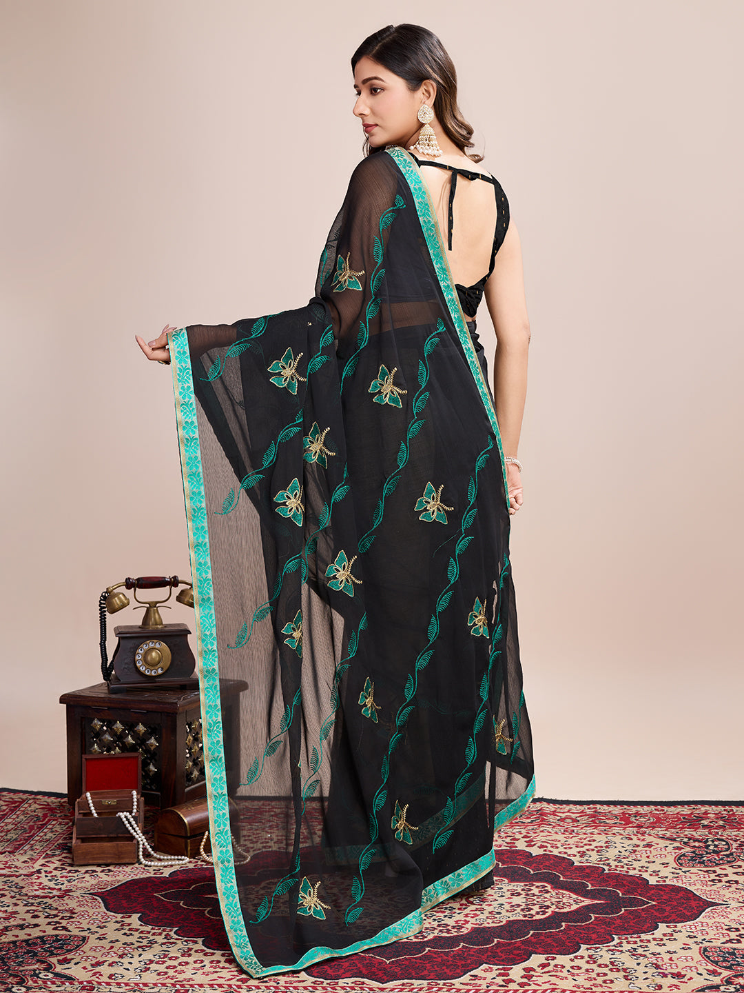 Vedant Vastram Georgette Embroidered Work Fancy Saree - Firozi | Grocsy