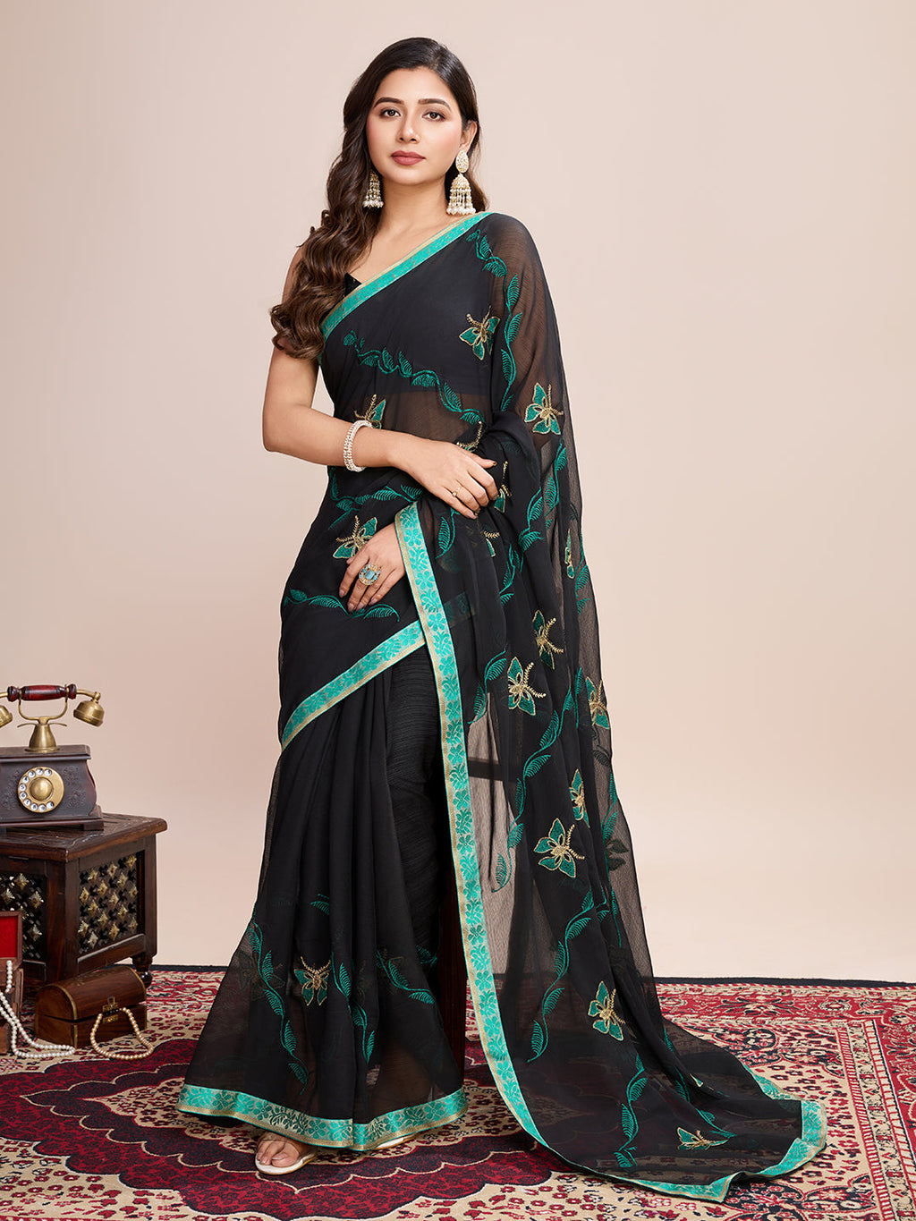 Vedant Vastram Georgette Embroidered Work Fancy Saree - Firozi | Grocsy