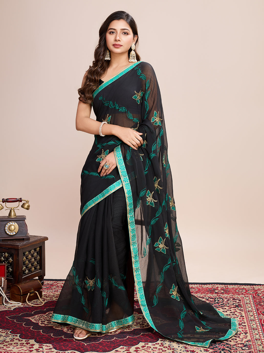 Vedant Vastram Georgette Embroidered Work Fancy Saree - Firozi | Grocsy