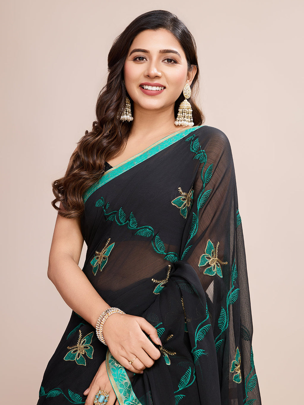 Vedant Vastram Georgette Embroidered Work Fancy Saree - Firozi | Grocsy