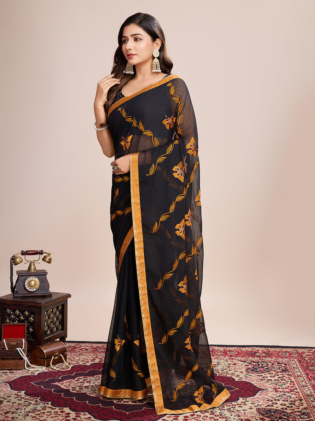 Vedant Vastram Georgette Embroidered Work Fancy Saree - Mustard | Grocsy