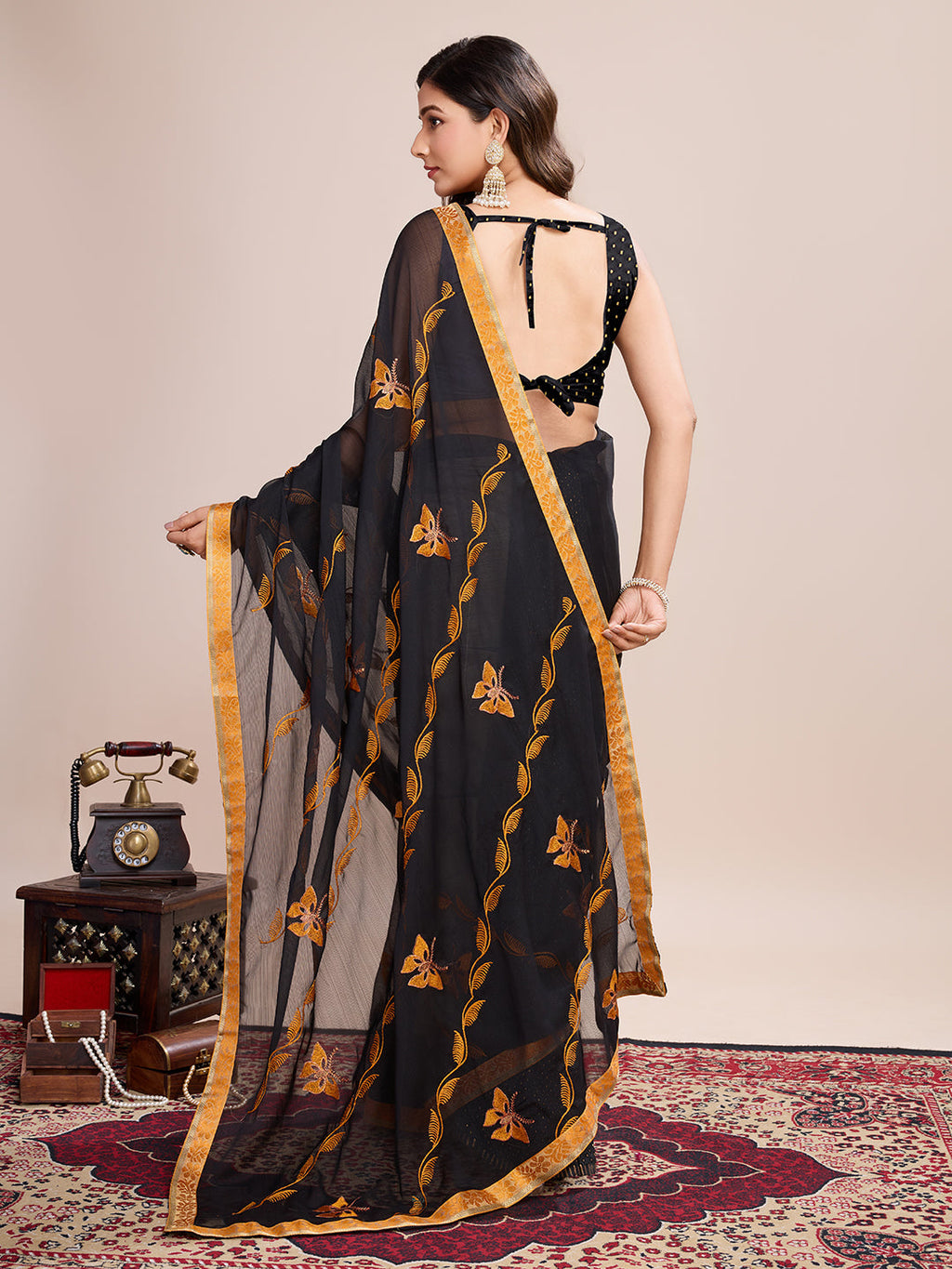 Vedant Vastram Georgette Embroidered Work Fancy Saree - Mustard | Grocsy