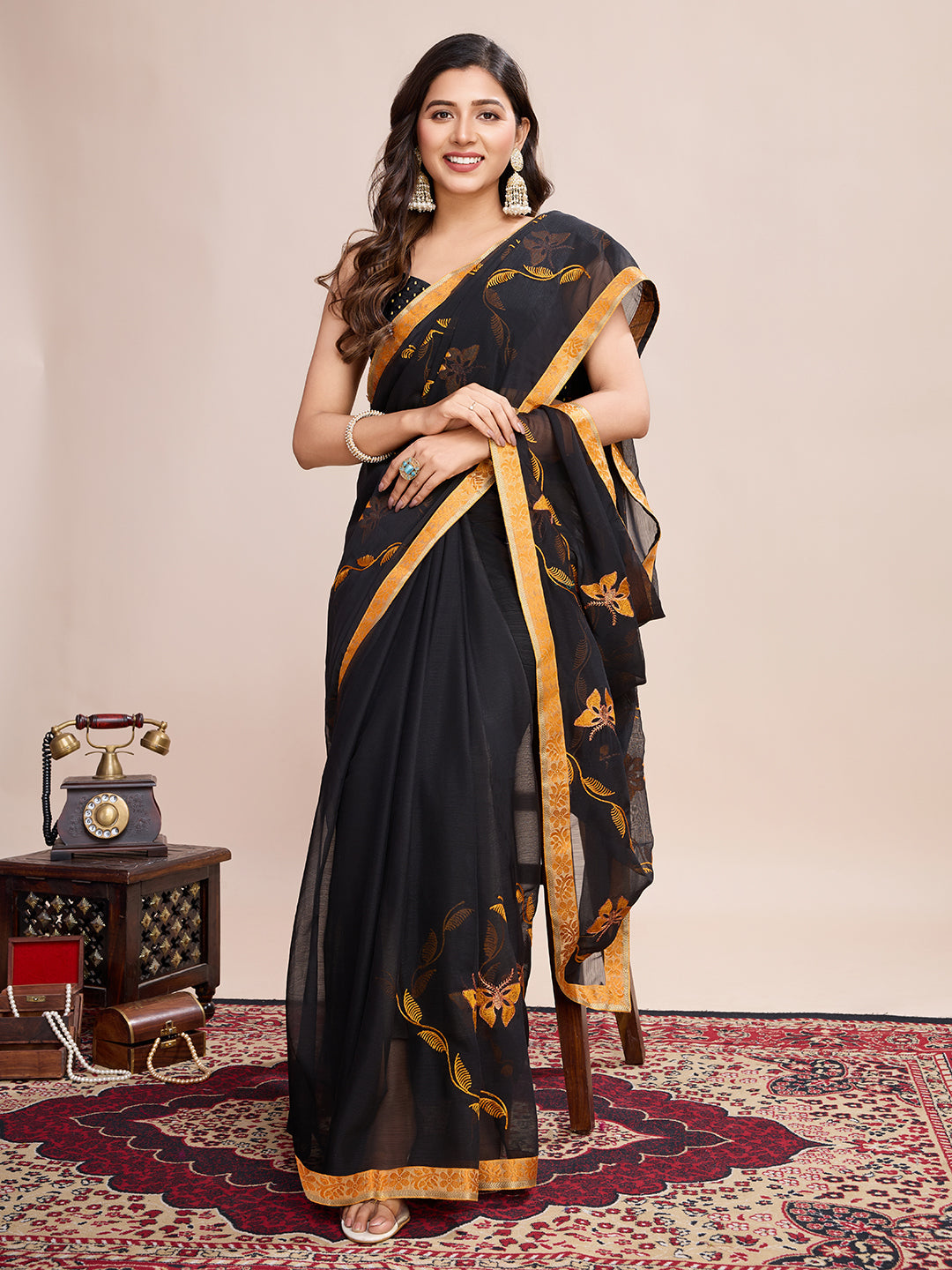 Vedant Vastram Georgette Embroidered Work Fancy Saree - Mustard | Grocsy