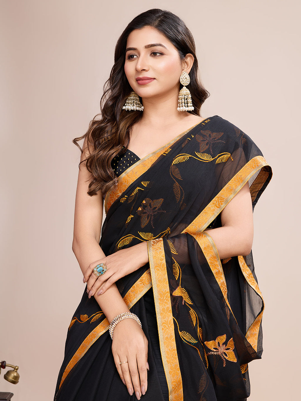 Vedant Vastram Georgette Embroidered Work Fancy Saree - Mustard | Grocsy