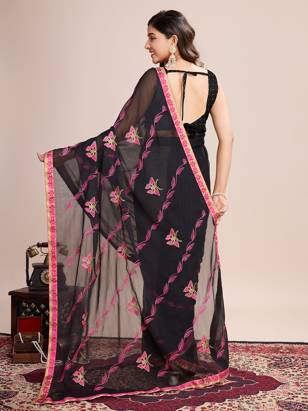 Vedant Vastram Georgette Embroidered Work Fancy Saree - Pink | Grocsy