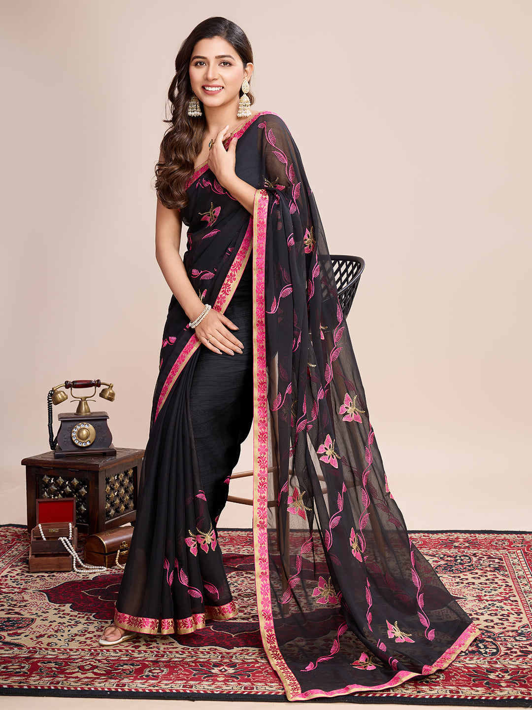 Vedant Vastram Georgette Embroidered Work Fancy Saree - Pink | Grocsy