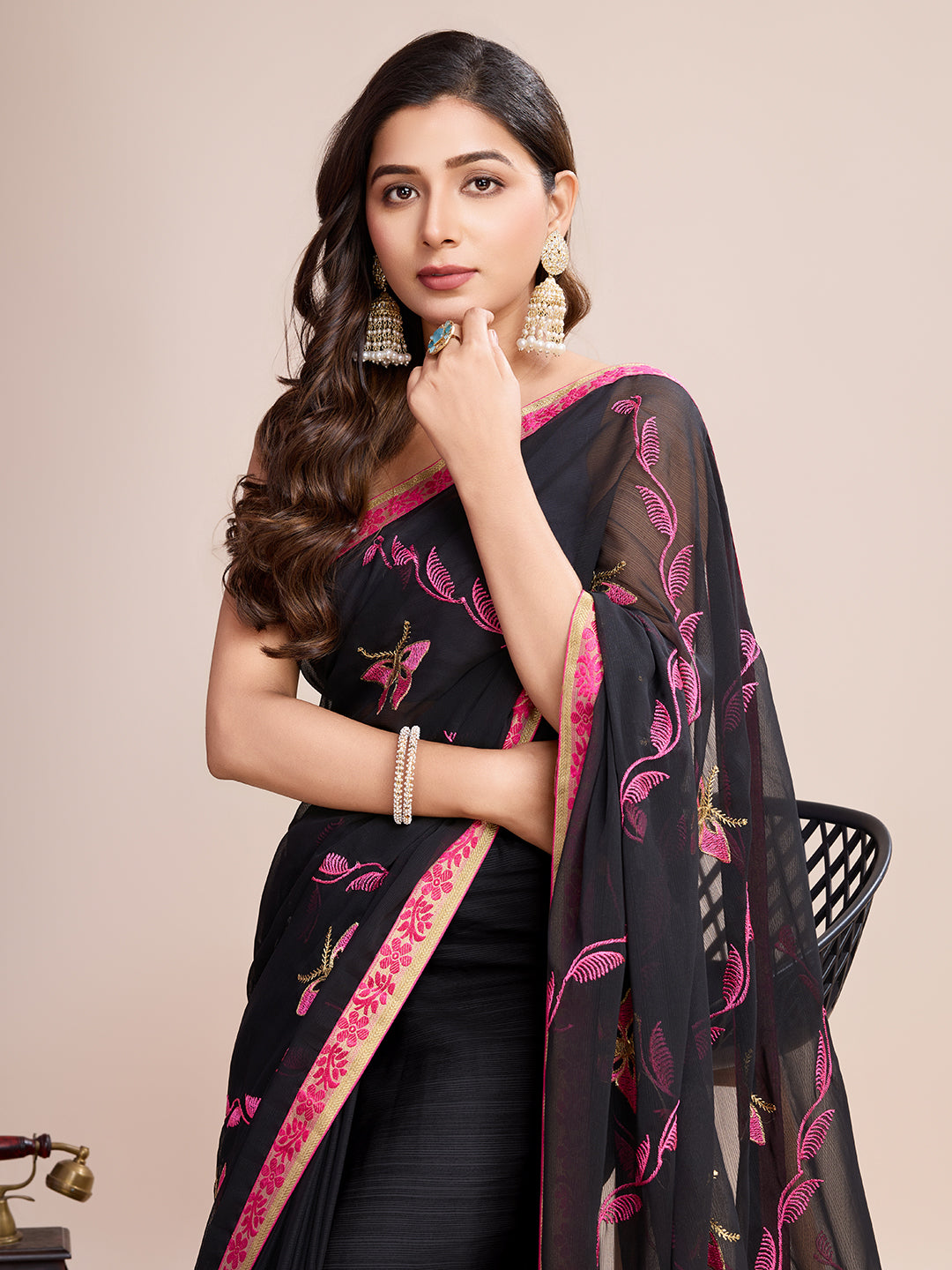 Vedant Vastram Georgette Embroidered Work Fancy Saree - Pink | Grocsy
