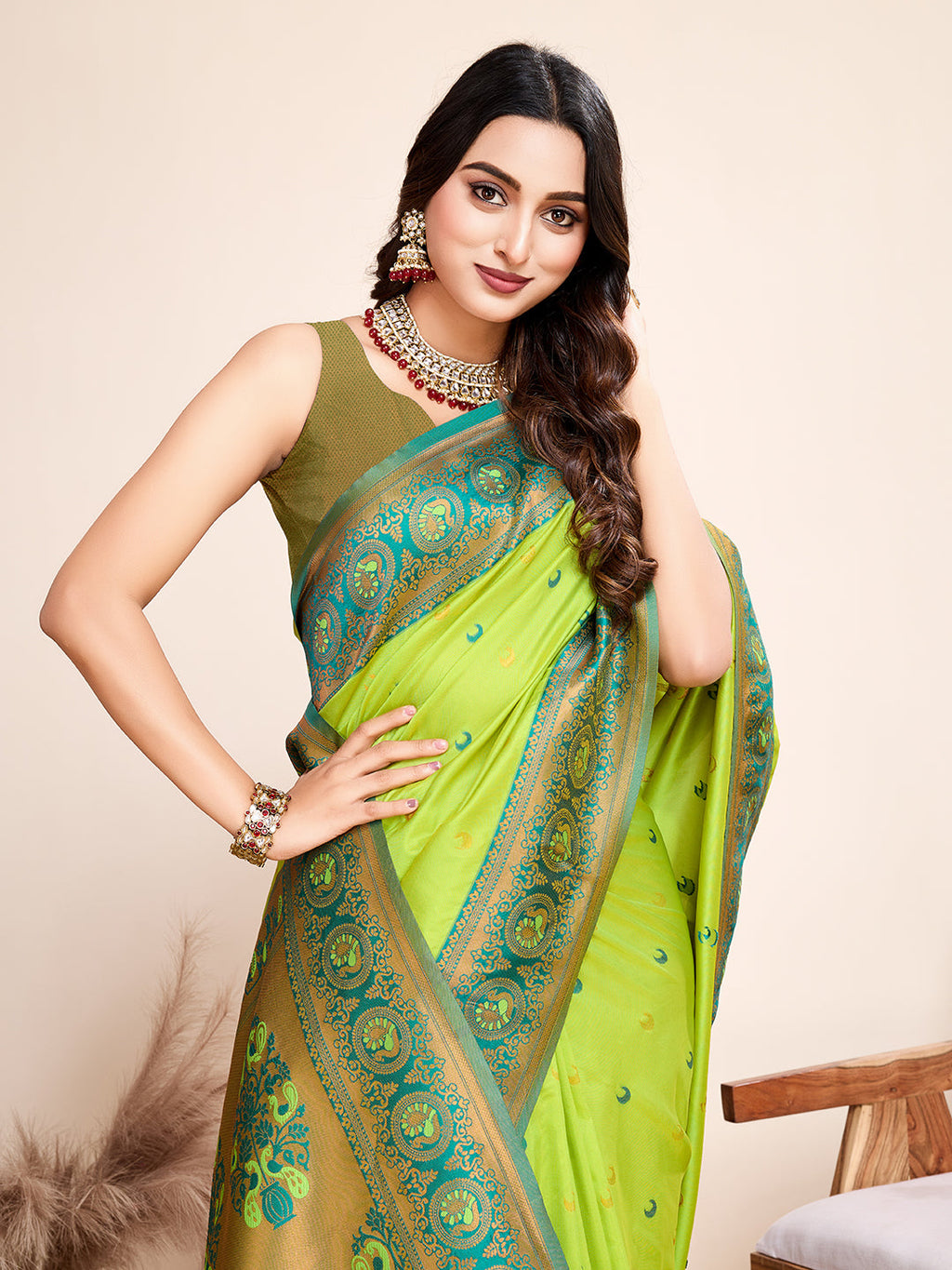 Vedant Vastram Soft Litchi Silk Kanjeevaram Silk Saree - Parrot | Grocsy