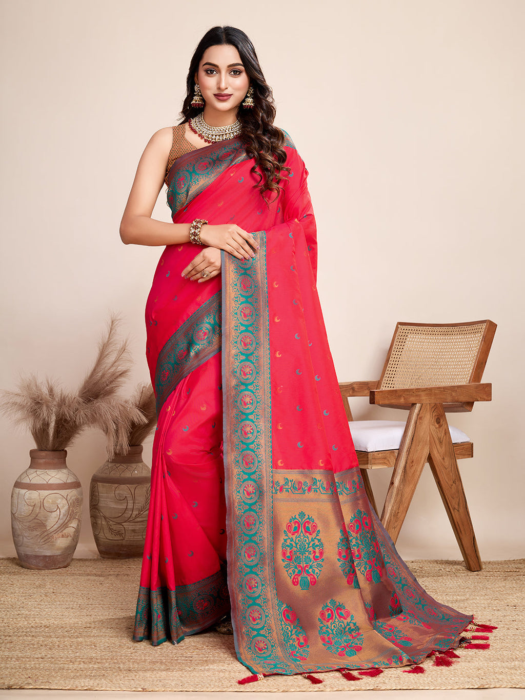 Vedant Vastram Soft Litchi Silk Kanjeevaram Silk Saree - Rani | Grocsy