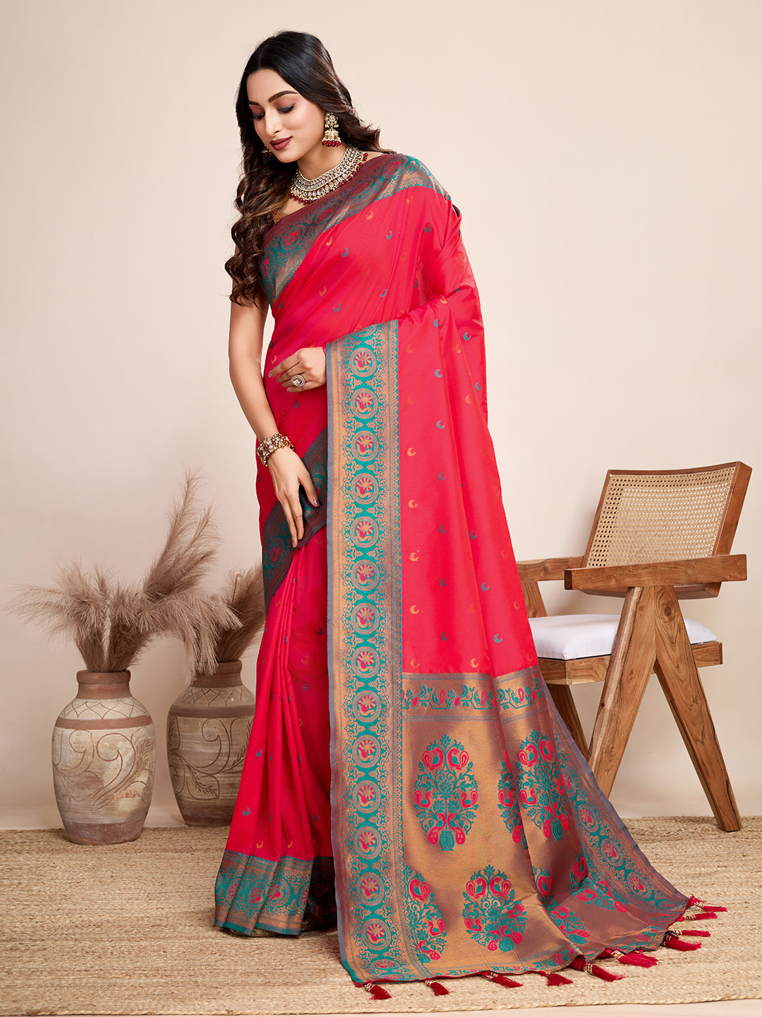 Vedant Vastram Soft Litchi Silk Kanjeevaram Silk Saree - Rani | Grocsy