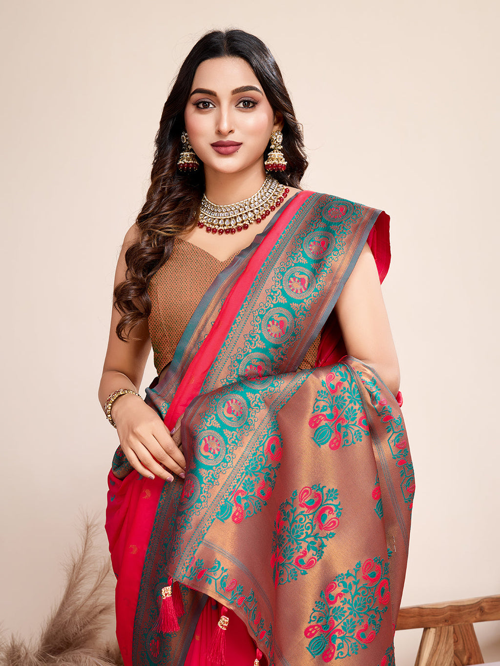Vedant Vastram Soft Litchi Silk Kanjeevaram Silk Saree - Rani | Grocsy