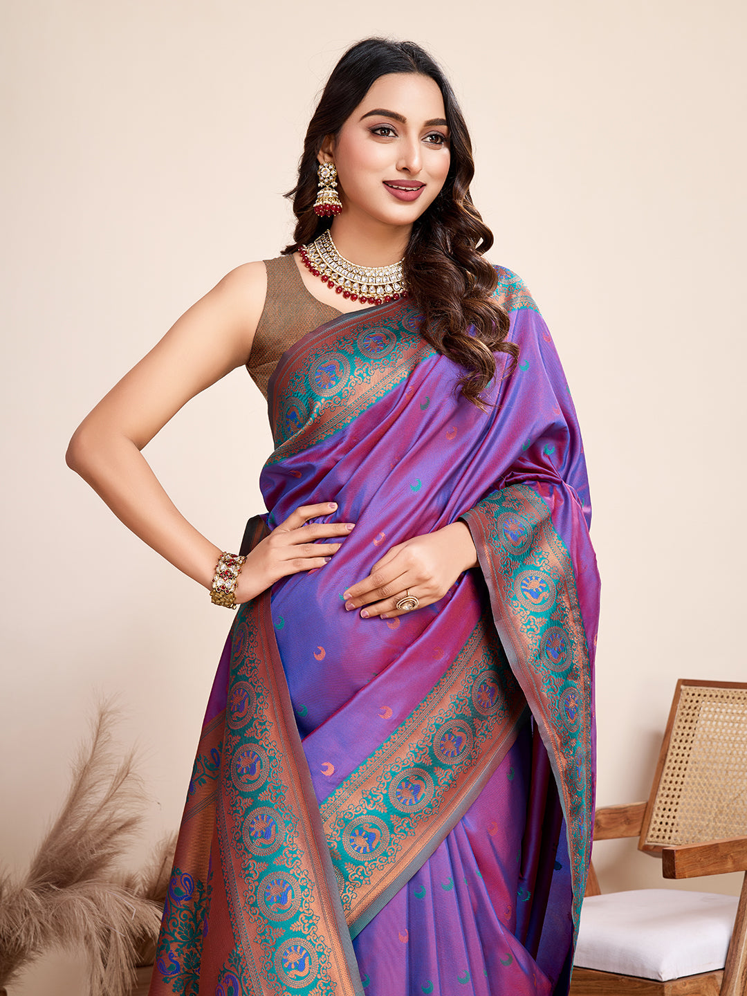 Vedant Vastram Soft Litchi Silk Kanjeevaram Silk Saree - Violet | Grocsy