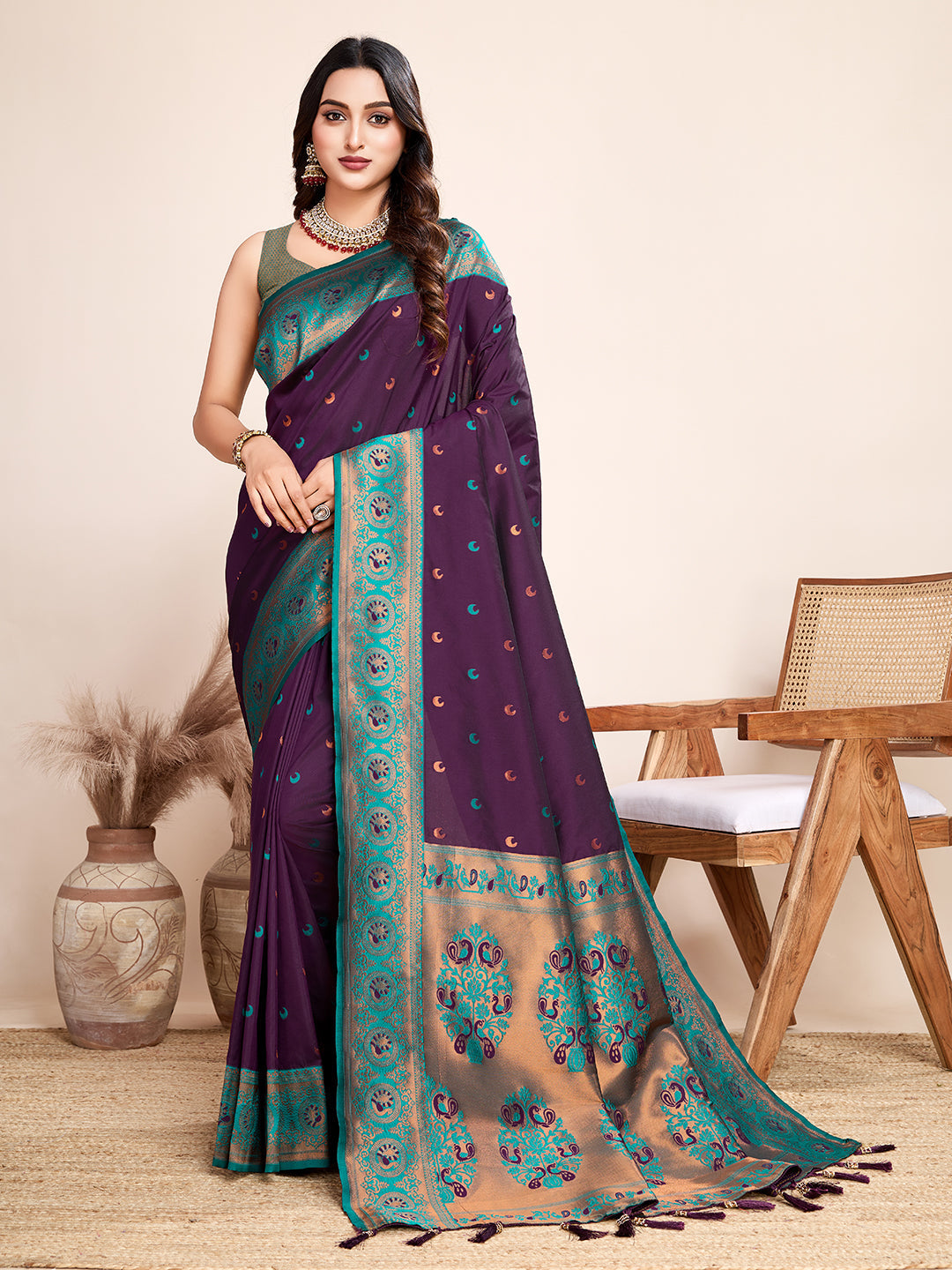 Vedant Vastram Soft Litchi Silk Kanjeevaram Silk Saree - Wine | Grocsy