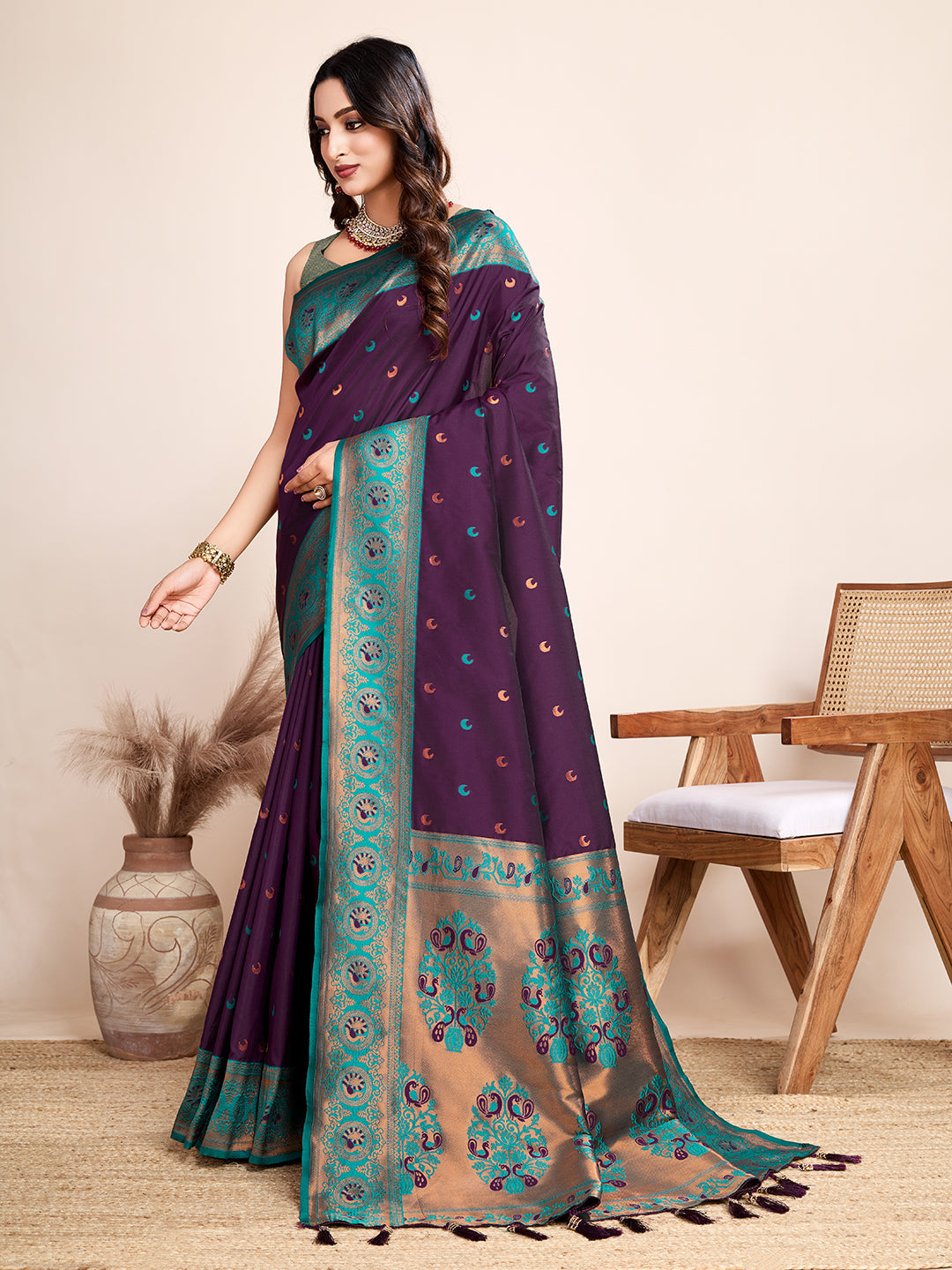 Vedant Vastram Soft Litchi Silk Kanjeevaram Silk Saree - Wine | Grocsy