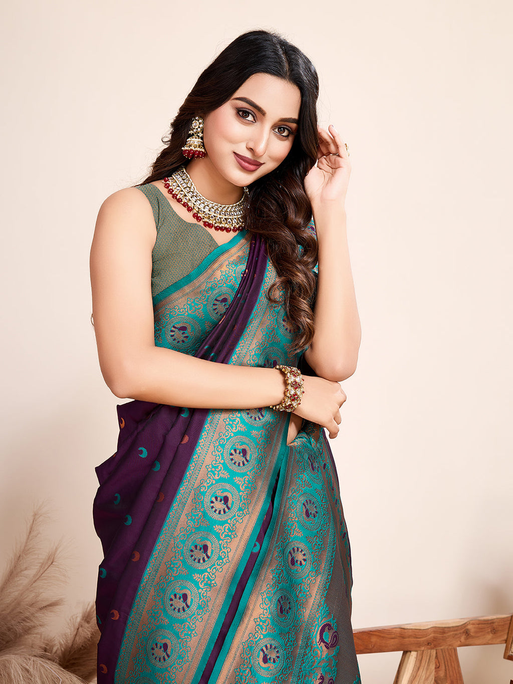 Vedant Vastram Soft Litchi Silk Kanjeevaram Silk Saree - Wine | Grocsy