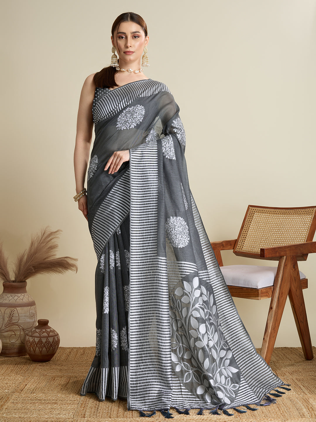 Vedant Vastram Art Silk Fancy Jacquard Saree - Grey | Grocsy