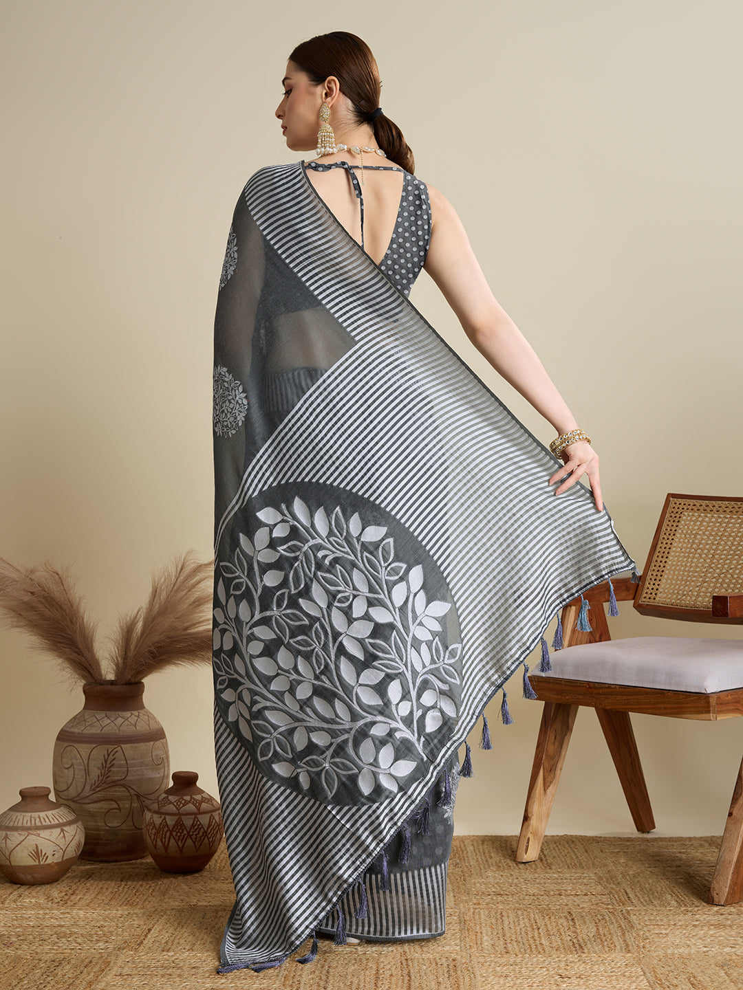 Vedant Vastram Art Silk Fancy Jacquard Saree - Grey | Grocsy