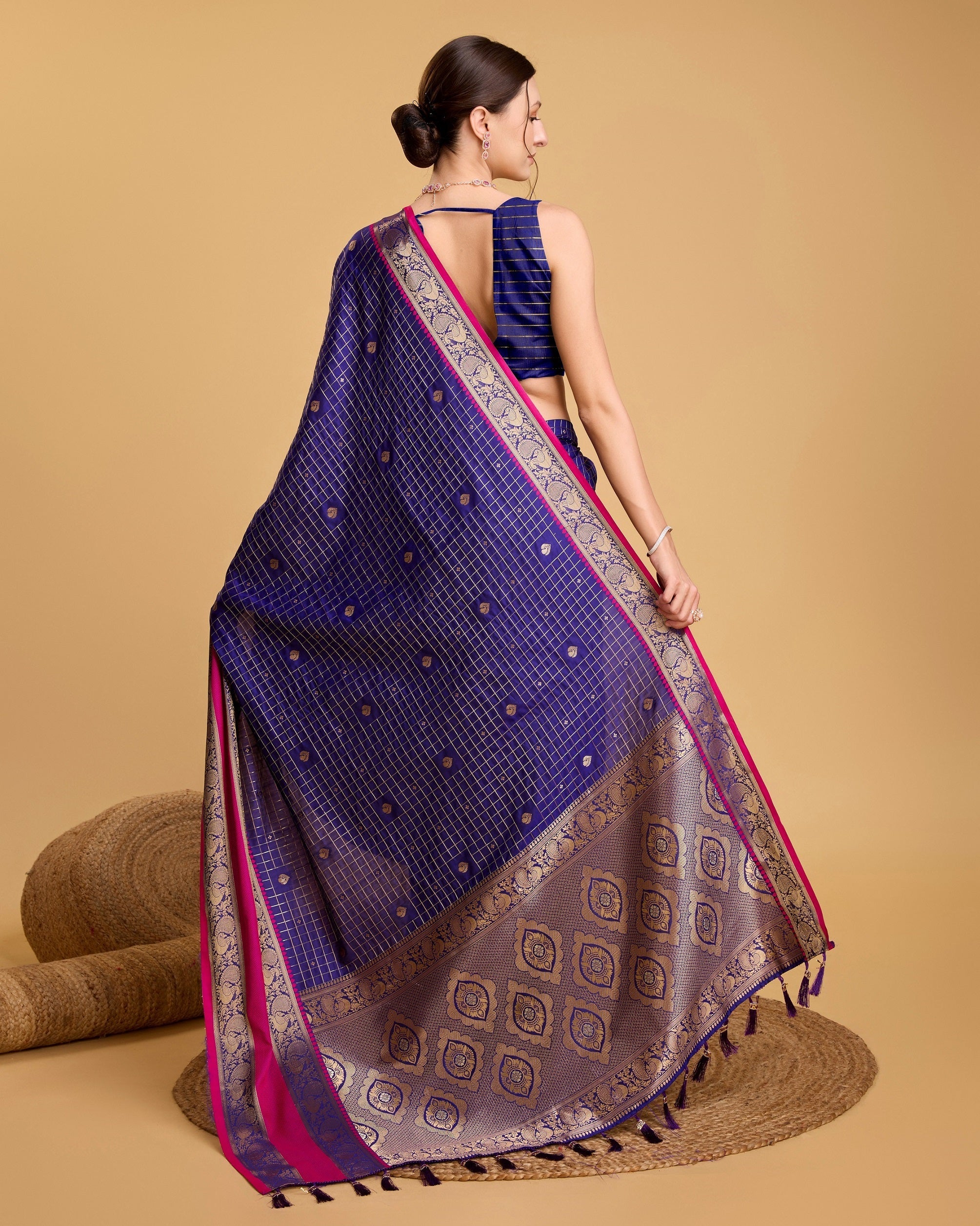 Vedant Vastram Soft Litchi Silk Banarasi Silk Saree - Blue | Grocsy