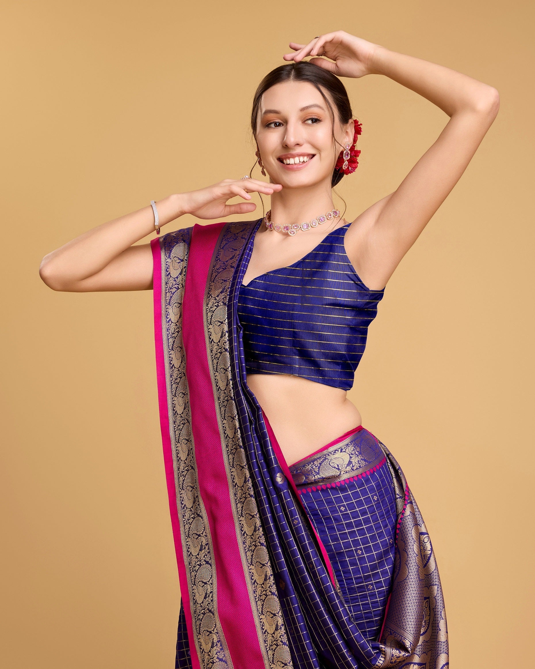 Vedant Vastram Soft Litchi Silk Banarasi Silk Saree - Blue | Grocsy