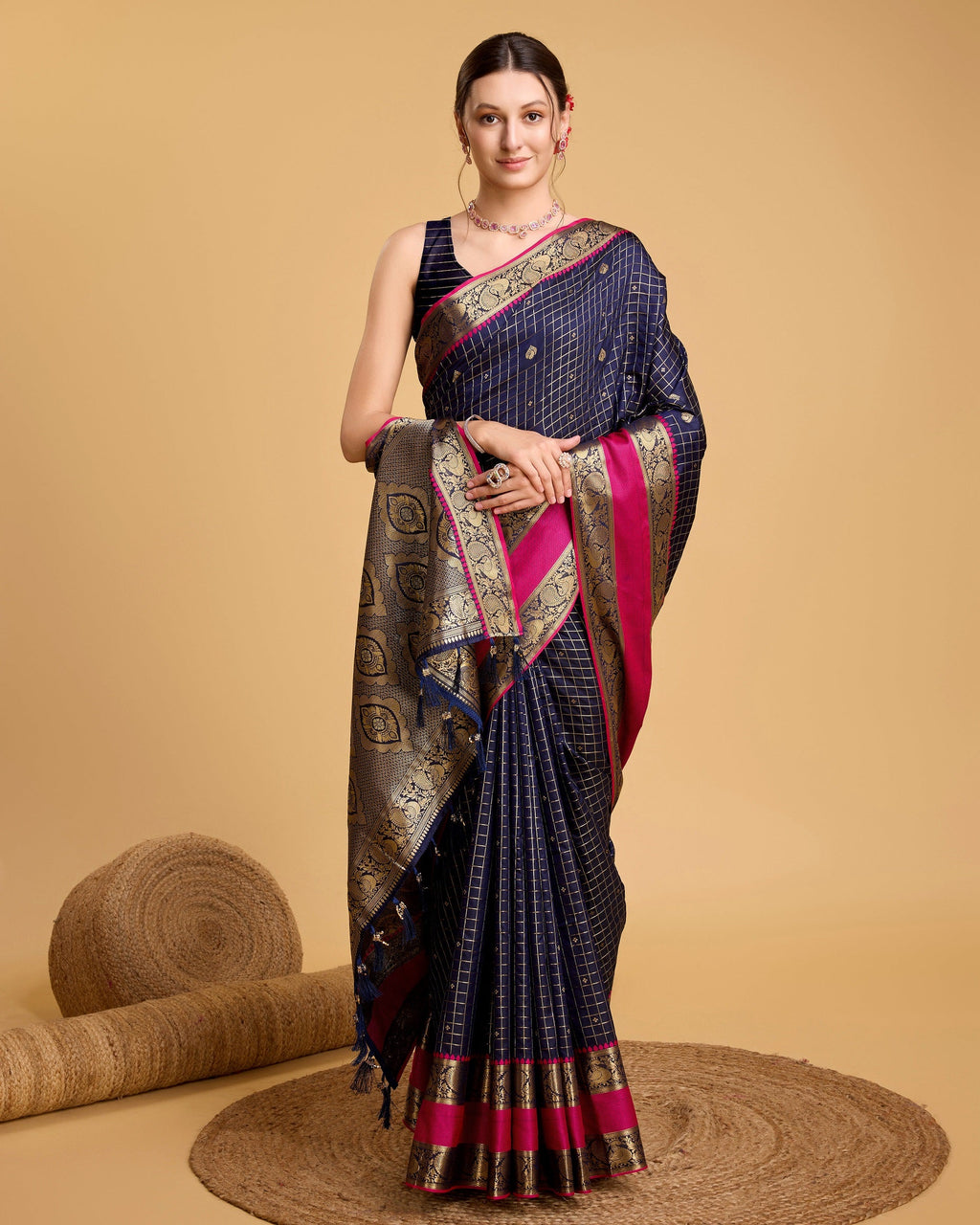 Vedant Vastram Soft Litchi Silk Banarasi Silk Saree - Navy | Grocsy