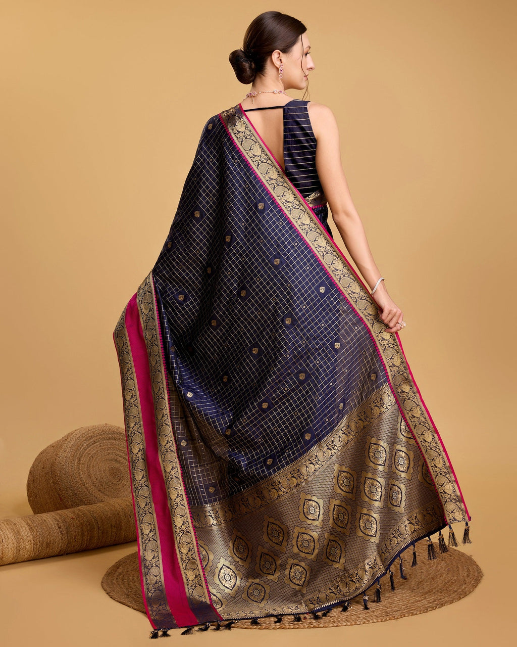 Vedant Vastram Soft Litchi Silk Banarasi Silk Saree - Navy | Grocsy