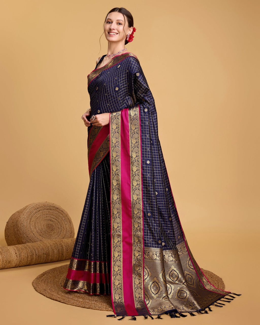 Vedant Vastram Soft Litchi Silk Banarasi Silk Saree - Navy | Grocsy