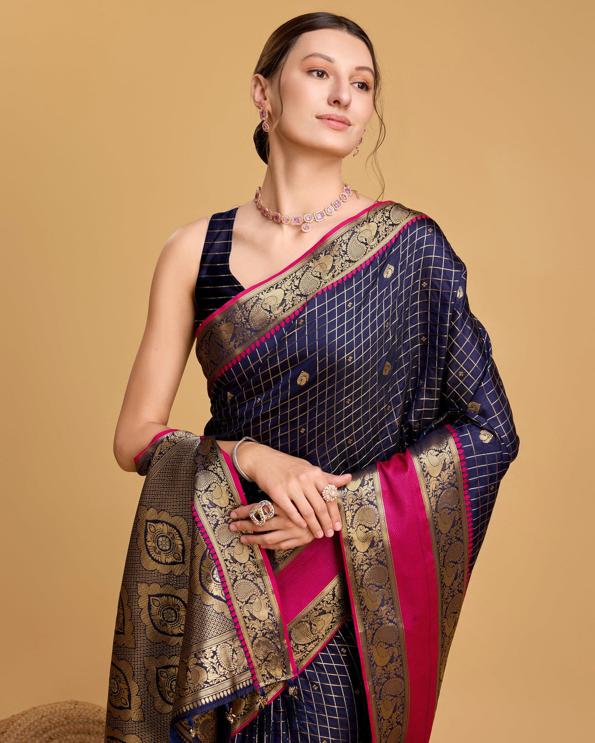 Vedant Vastram Soft Litchi Silk Banarasi Silk Saree - Navy | Grocsy