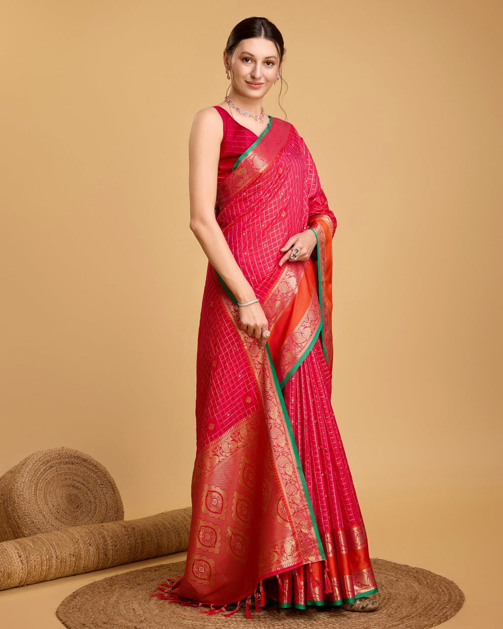 Vedant Vastram Soft Litchi Silk Banarasi Silk Saree - Pink | Grocsy