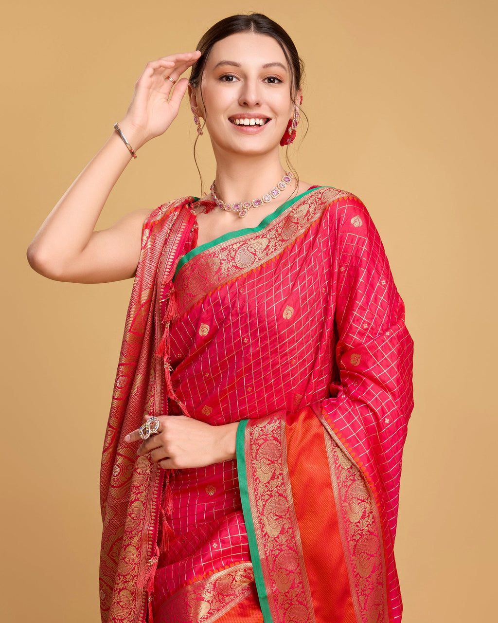 Vedant Vastram Soft Litchi Silk Banarasi Silk Saree - Pink | Grocsy