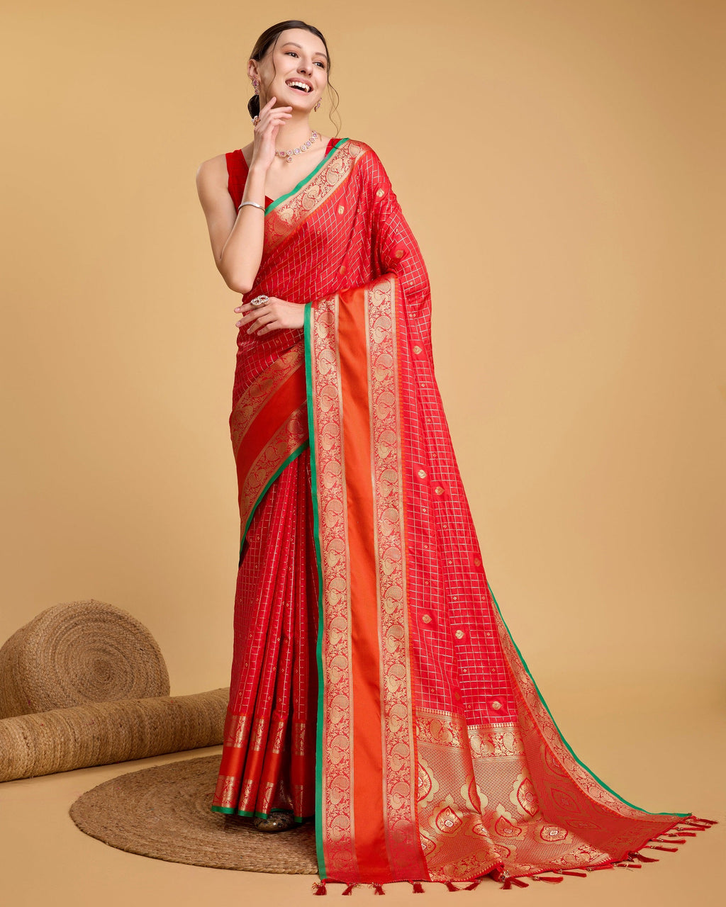 Vedant Vastram Soft Litchi Silk Banarasi Silk Saree - Red | Grocsy