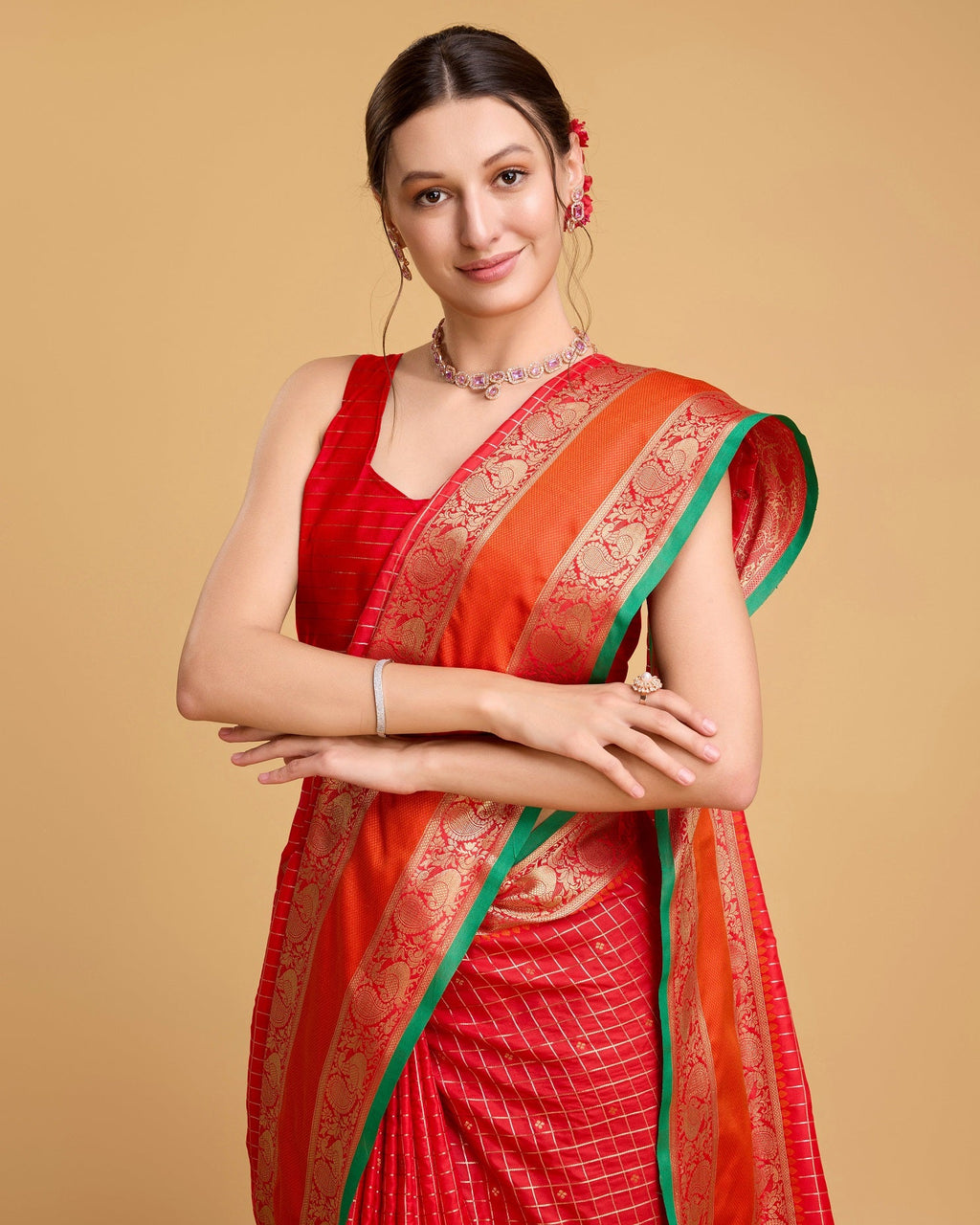Vedant Vastram Soft Litchi Silk Banarasi Silk Saree - Red | Grocsy