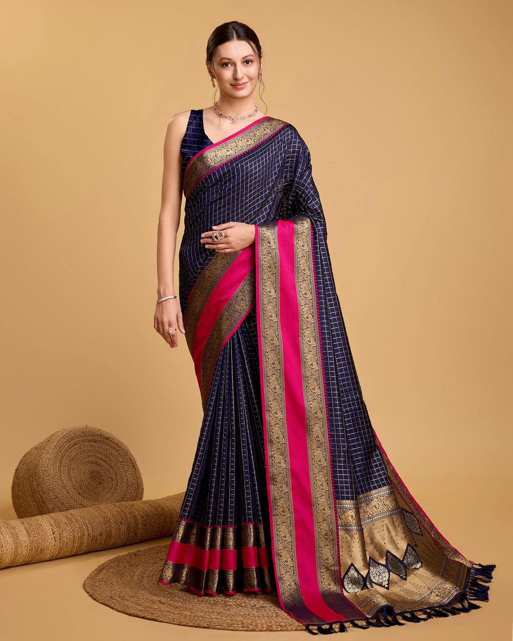 Vedant Vastram Soft Litchi Silk Banarasi Silk Saree - Navy | Grocsy