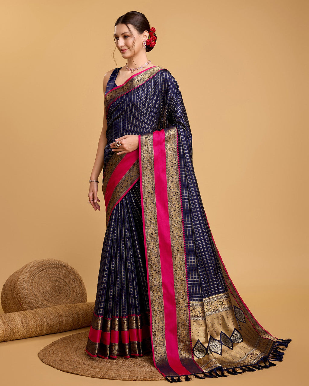 Vedant Vastram Soft Litchi Silk Banarasi Silk Saree - Navy | Grocsy