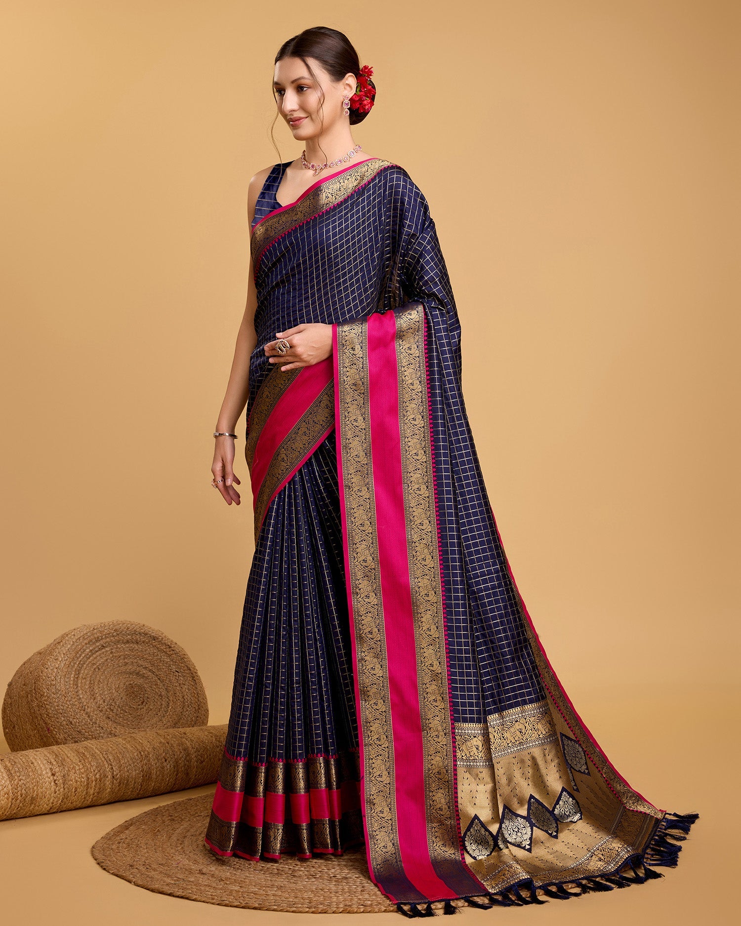 Vedant Vastram Soft Litchi Silk Banarasi Silk Saree - Navy | Grocsy