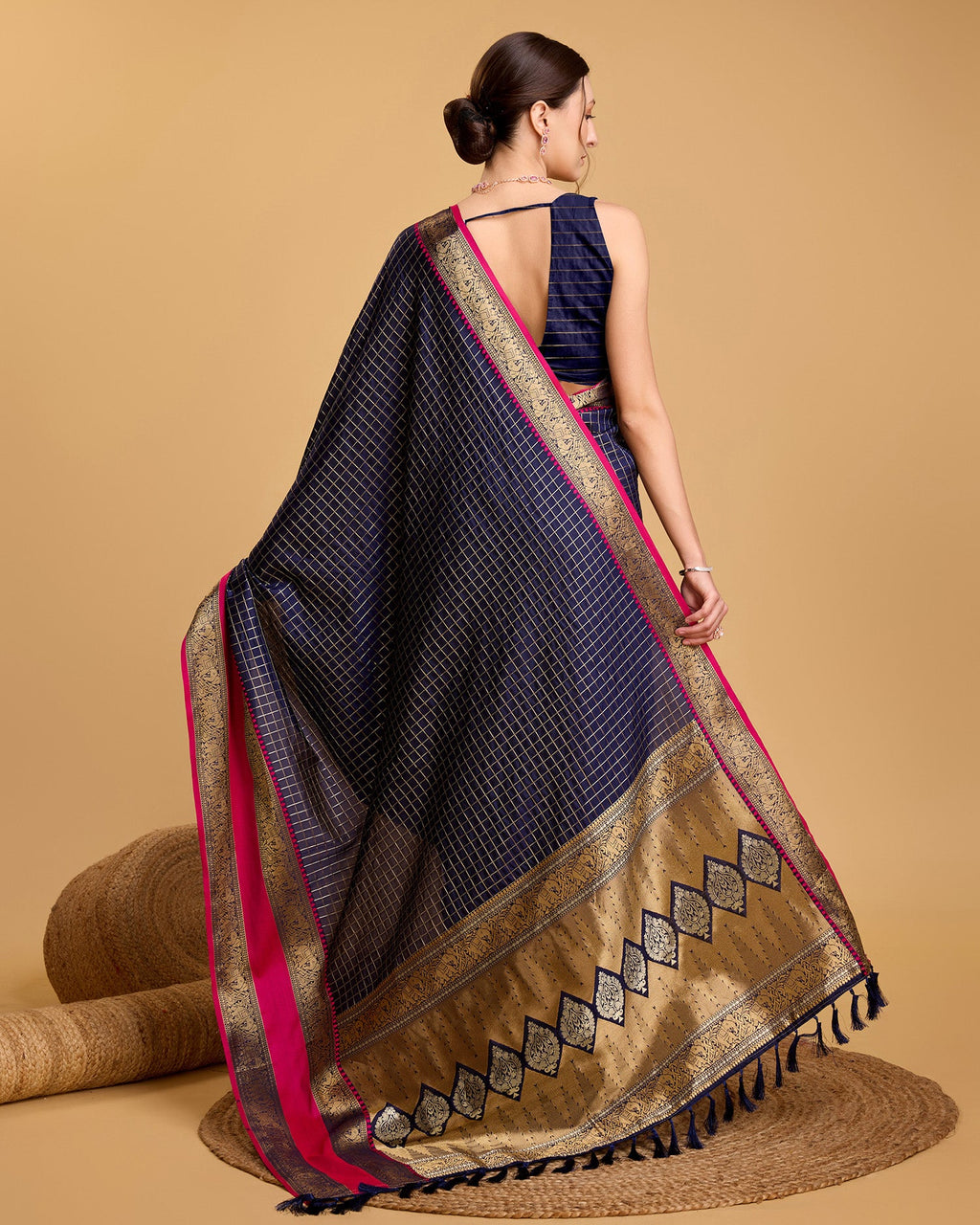 Vedant Vastram Soft Litchi Silk Banarasi Silk Saree - Navy | Grocsy
