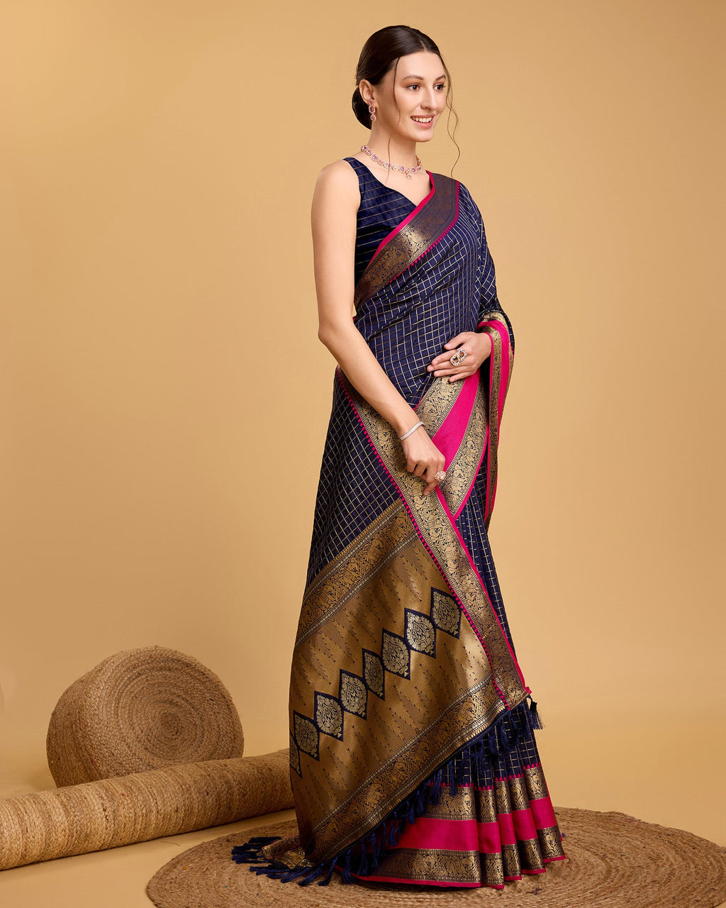 Vedant Vastram Soft Litchi Silk Banarasi Silk Saree - Navy | Grocsy