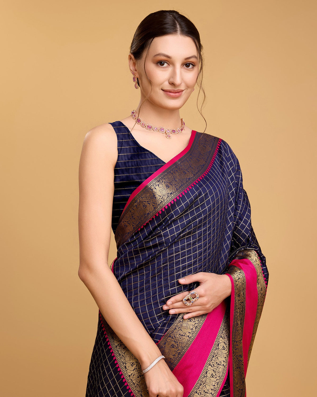 Vedant Vastram Soft Litchi Silk Banarasi Silk Saree - Navy | Grocsy